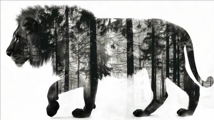 A dynamic black and white lion photograph with a blurred forest trail leading to it.