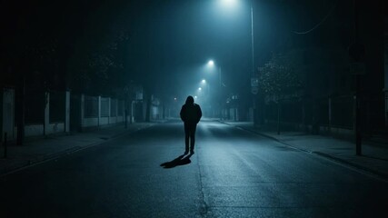 Mysterious man in a hoodie walking alone on a dark, foggy street at night. Solitary figure in a cinematic, suspenseful scene under eerie streetlights. - Powered by Adobe
