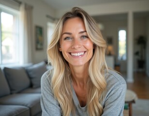 Portrait of happy, attractive blonde woman smiling warmly in cozy home living room. Around forty years old, wearing casual attire. Relaxed demeanor, genuine smile convey contentment, approachability.