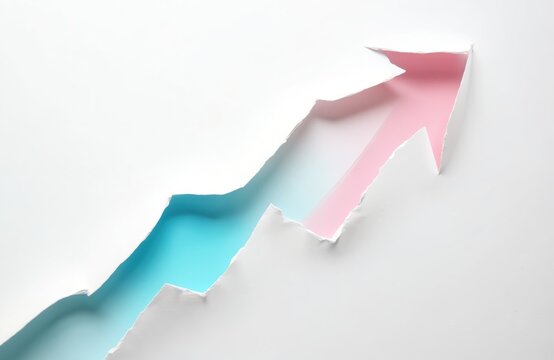 White paper cut reveals layered blue, pink growth arrow shapes. Represents upward trend, progress, success in business or finance. Abstract concept with clean, modern aesthetic, vibrant color layers.