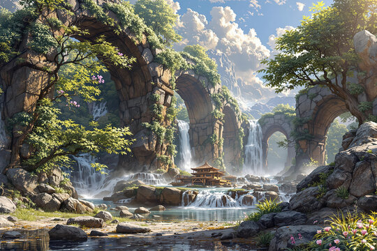 Fantasy landscape with ancient stone arches, cascading waterfalls, and a traditional Asian temple surrounded by lush greenery. - Powered by Adobe