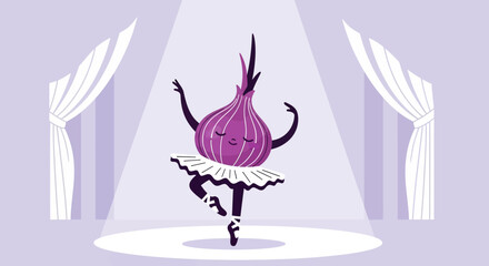 Whimsical Onion Ballerina Dancing Gracefully On A Stage With Curtains Background