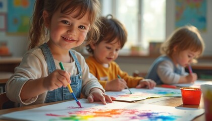 Young children engage in art class, painting colorful pictures. Preschoolers learn creativity with brushes, paints in bright classroom setting. Focus on artistic development, early childhood