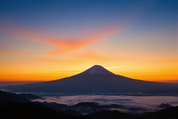Mount Fuji at dawn with a city lights under a layer of clouds and a colorful sky, symbolizing iconic Japanese landscape.