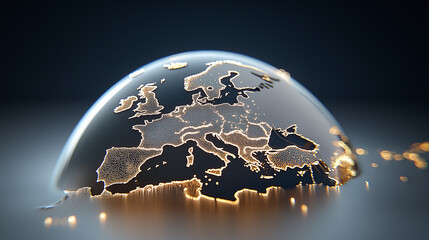 Futuristic glowing 3D map of Europe inside digital glass globe