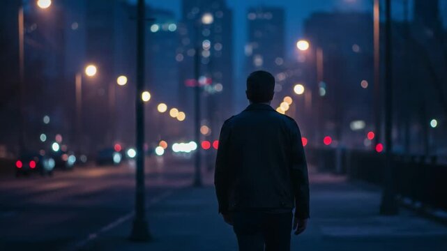 Man from behind standing on a city street at night. Solitary person looking at blurry city lights. Moody, cinematic urban scene.