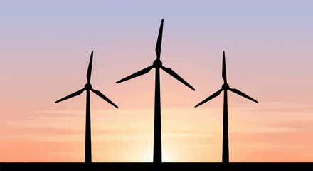 Wind Turbines At Sunset Silhouette Renewable Energy Concept Illustration