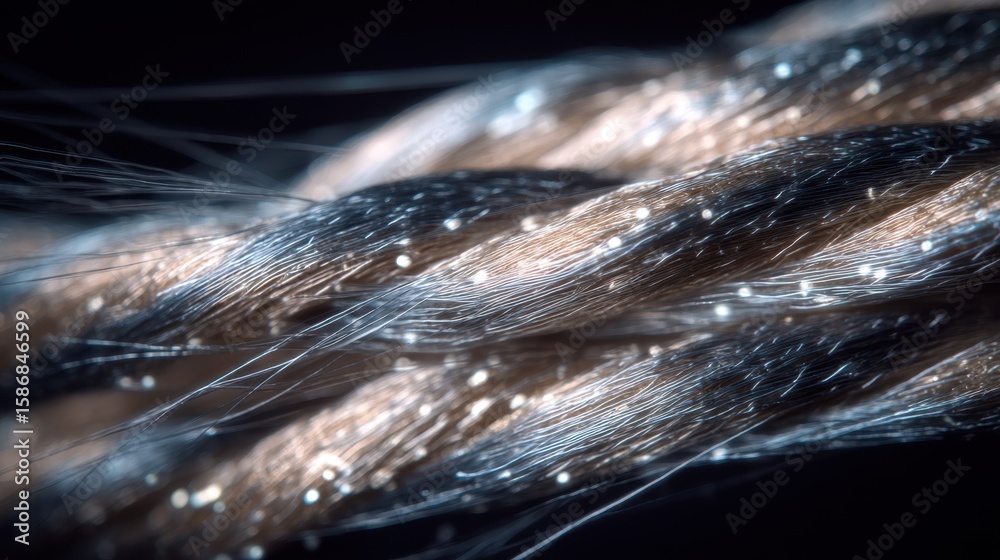 Poster plasma coated aramid fiber strand displaying intricate weave pattern with shimmering protective laye