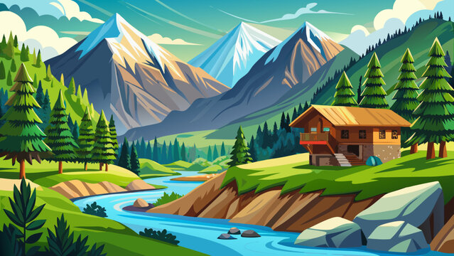 Chitral Valley, Khyber Pakhtunkhwa, Pakistan &ndash; Towering trees and green slopes surround the icy river. Wooden homes add charm to this tranquil setting perfect for detailed and cultural vector scenes.