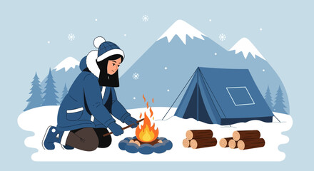 Winter Adventure: A Young Woman Enjoying Campfire at Snowy Mountain Scenery