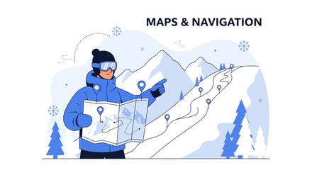 Winter Adventure Navigation In The Mountains With A Map And Compass