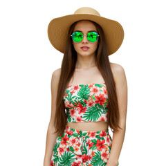 Stylish Woman Modeling Summer Look with Hat and Shades – Isolated on  Transparent Background PNG.