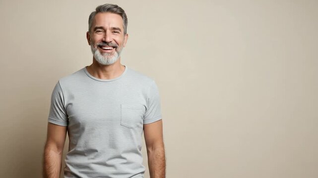 Portrait of a handsome mature man with a grey beard smiling. Cheerful middle-aged man with salt and pepper hair looking at the camera on a beige background.