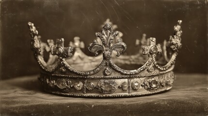 old worn vintage sepia toned polaroid photo of medieval kings golden crown