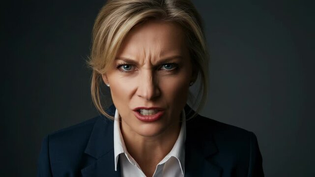 Furious businesswoman shouting at the camera. Angry middle-aged professional woman with an intense confrontational expression. Portrait of a stressed and frustrated female boss.