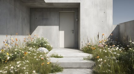 Fototapeta premium Concrete entranceway with wildflowers.