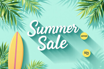 "Summer Sale" text with long shadows, a yellow surfboard, and palm leaves on a light blue background, highlighting discounts.