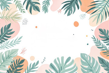 Abstract frame of various tropical leaves and pastel shapes on a white background, perfect for summer designs.