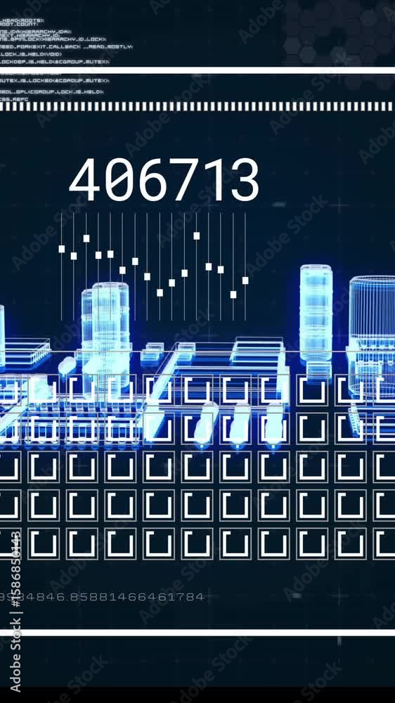 Poster data visualization animation with bar graphs and numbers over digital interface