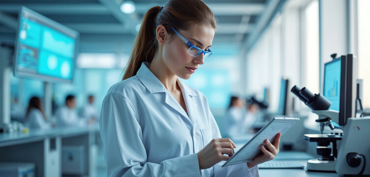 Scientist woman with tablet in modern lab analyzes biological data. Focus on DNA study, pharmaceutical research, pathology, RNA experiment, medical innovation, biotechnology. Includes microscope,