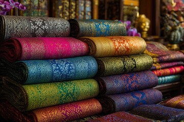 Colorful silk fabrics stacked in Asian market shop