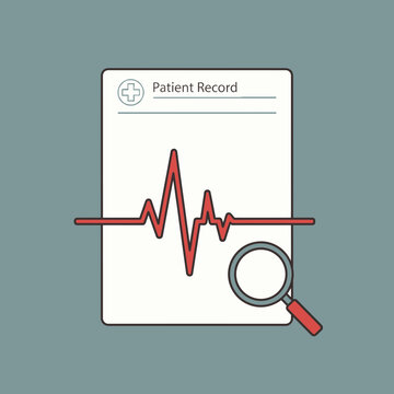 A document with a red waveform and magnifying glass against a blue background.