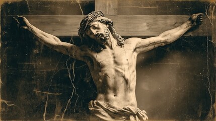 old worn vintage sepia toned polaroid photo of Jesus Christ crucifixion