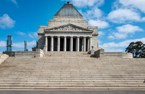 The Shrine of Remembrance, a war memorial built in 1934 to honor all Australians who have served in any war, in classical style, based on the Tomb of Mausolus at Halicarnassus, Melbourne, 2020