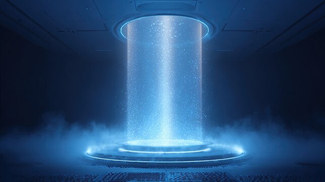 Futuristic portal with glowing light beam - Powered by Adobe