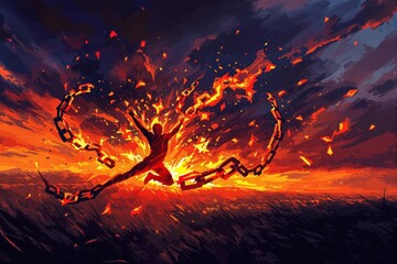 Fototapeta premium Abstract illustration of a human figure breaking free from fiery chains with an explosive burst of light, symbolizing freedom and liberation.