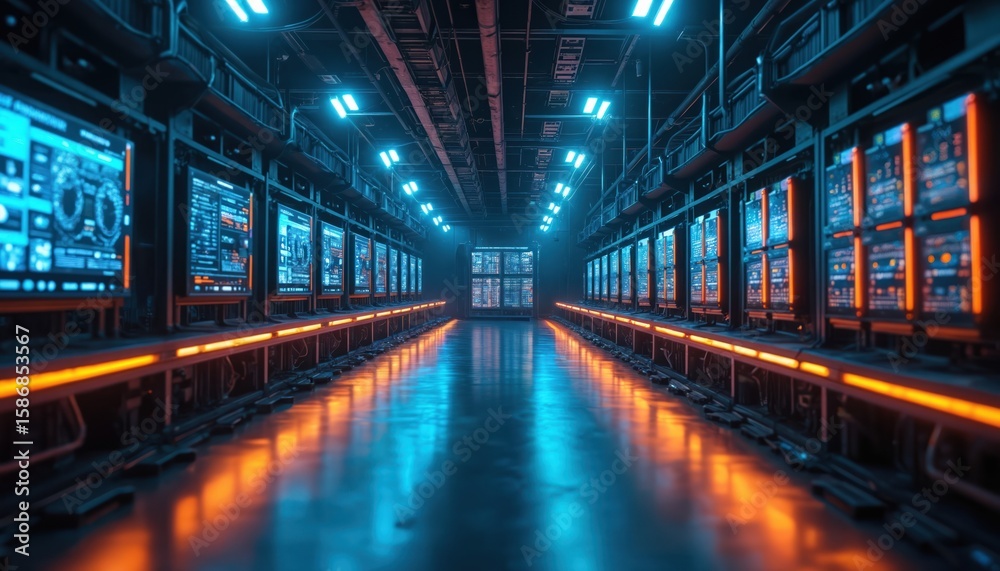 Poster futuristic industrial server room displaying edge computing technology. rows of monitors show data a