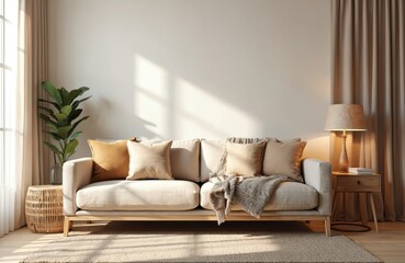 Minimalist living room featuring beige sofa with warm tone pillows, cozy plaid throw. Boho style decorations, green plant, woven side table enhance inviting space. Natural light streams through