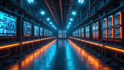 Futuristic industrial server room displaying edge computing technology. Rows of monitors show data analytics, AI processing, network automation. Blue, orange lights illuminate sleek, modern space,