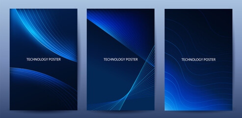 Fototapeta premium Dynamic Blue Abstract Waves on dark Background Set.