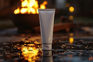 White cosmetic tube standing on a wet surface with fire and bokeh lights in the blurred background, suggesting a product for night use or a bold concept.