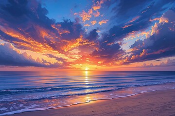 Spectacular beach sunset with vibrant orange and purple clouds reflecting on the calm ocean waves and wet sand.