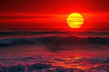 Dramatic red sunset over the ocean with large waves and a glowing sun, evoking power and raw natural beauty.