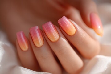 Close-up view of manicured nails with a vibrant ombre design.