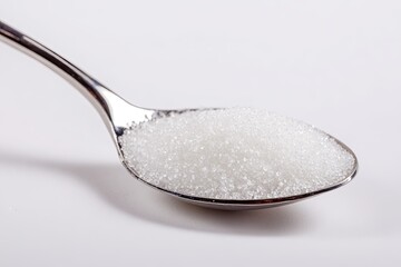 Spoonful of sugar on white background, close-up