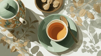 Overhead view of tea with teapot, nuts, and plant shadows on a white surface