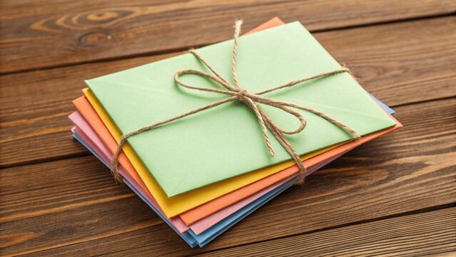 A neatly tied stack of colorful envelopes in shades of green, yellow, orange, pink, and blue, secured with a natural twine bow, resting on a rustic dark wooden table