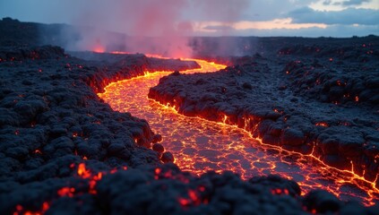 River of molten lava flowing through dark, solidified volcanic rock at night, showcasing a powerful natural phenomenon.