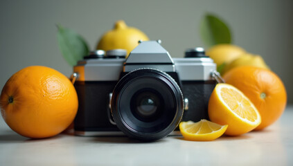 Vintage film camera surrounded by fresh oranges and lemons, symbolizing photography and vibrant, creative still life.