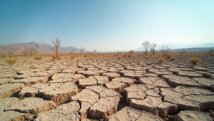 Vast cracked dry earth landscape with scattered bare trees and distant mountains under a clear blue sky, symbolizing severe drought and climate change.