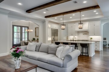 Open-concept living area with a modern kitchen.