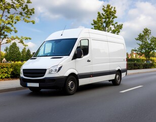 White delivery van on city road