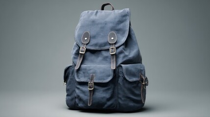 Dark blue canvas backpack studio shot