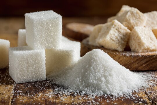White and brown sugar cubes and granulated sugar on wood - Powered by Adobe