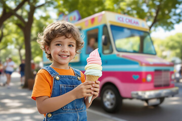 Smiling young boy holding a colorful ice cream cone in front of a blurred ice cream truck, symbolizing childhood delight.