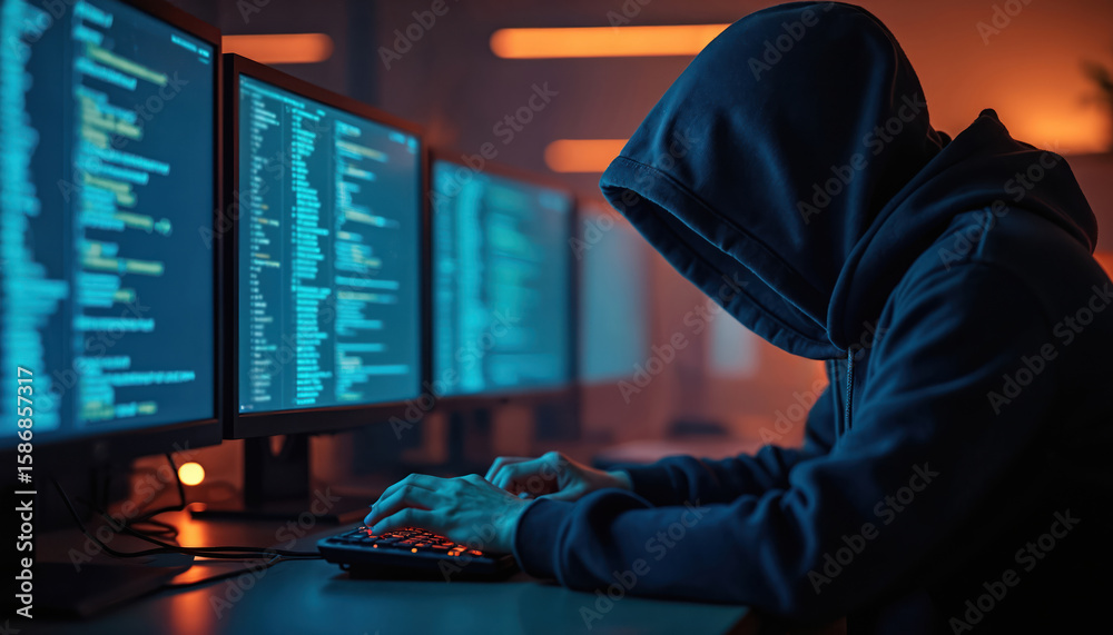Poster hooded figure types on glowing keyboard in dimly lit room, code displayed on multiple monitors. cybe